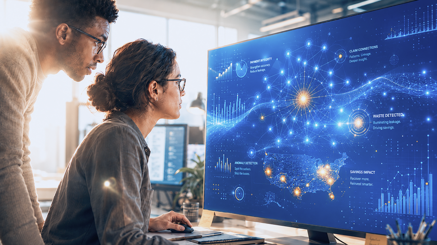 Healthcare professionals reviewing claims data and analytics